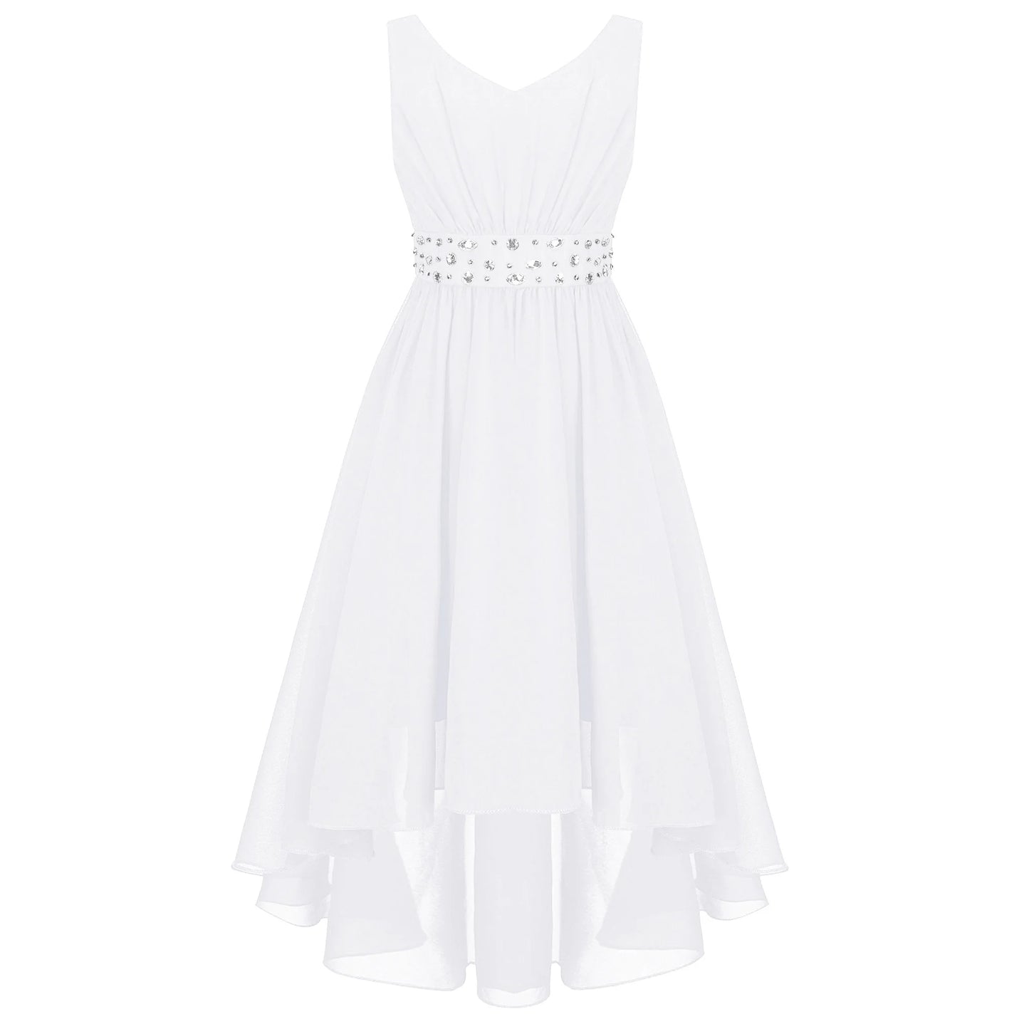 Summer Girls Festive Dress Hi-Lo Tulle Sleeveless Shiny Beaded Dress Flower Kids Wedding Pageant Clothing Evening Communion Gow