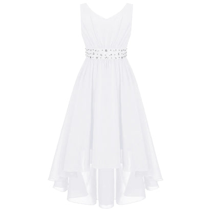 Summer Girls Festive Dress Hi-Lo Tulle Sleeveless Shiny Beaded Dress Flower Kids Wedding Pageant Clothing Evening Communion Gow