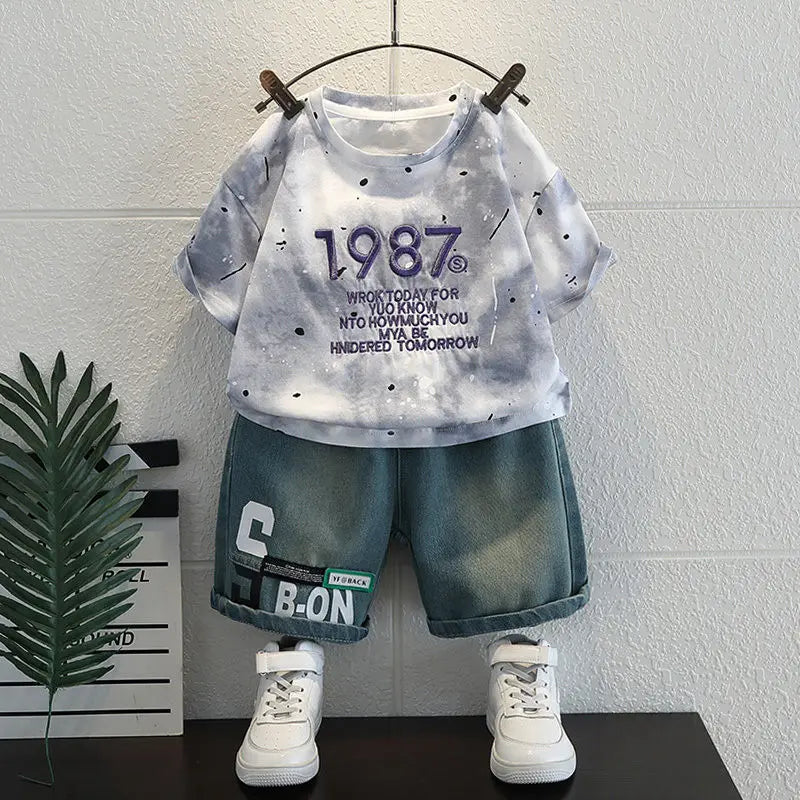Summer Baby Boys Fashion High Quality Set Cotton Boy Short Sleeved Hole T-shirt + Denim Shorts Kids Loose Casual Clothes 2-11Y