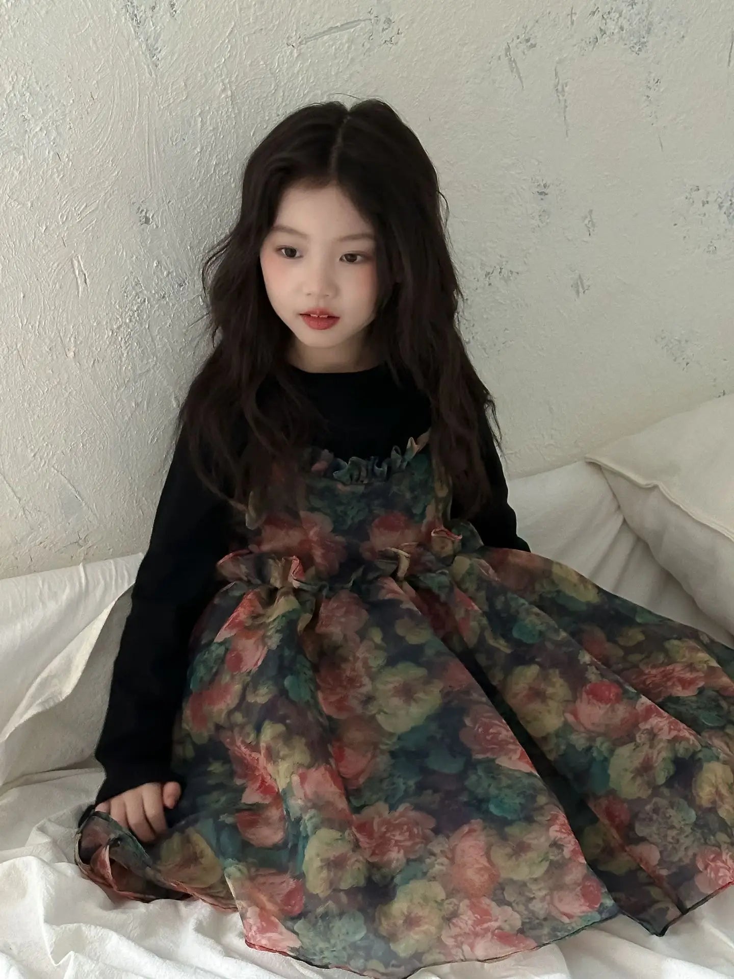 Girls Casual Dresses Autumn Girl Black T-shirt Camisole Flower Mesh Gauze Suit Princess Simple Printing Loose Beautiful 2024