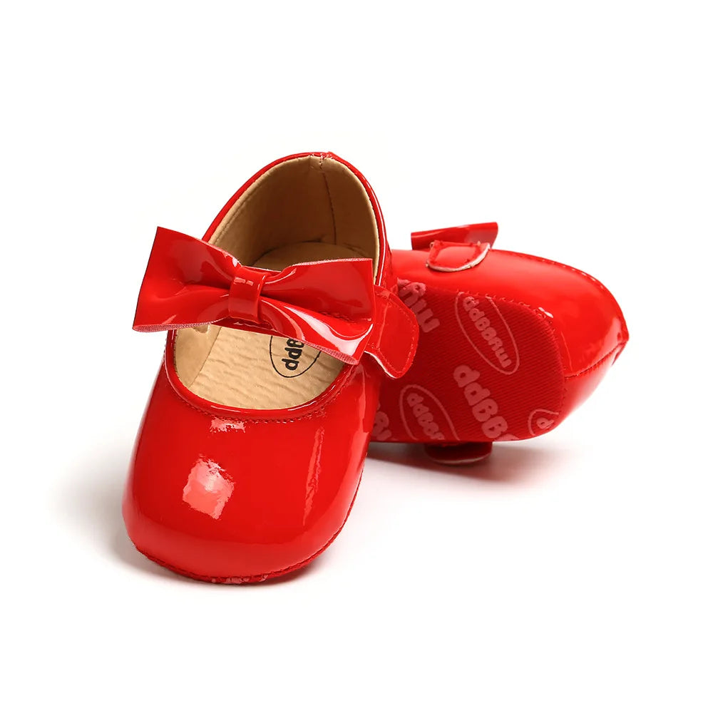 Newborn Baby Girls Shoes Patent Leather First Walkers Bow Red Black Soft Soled Non-slip Crib Kids Shoes