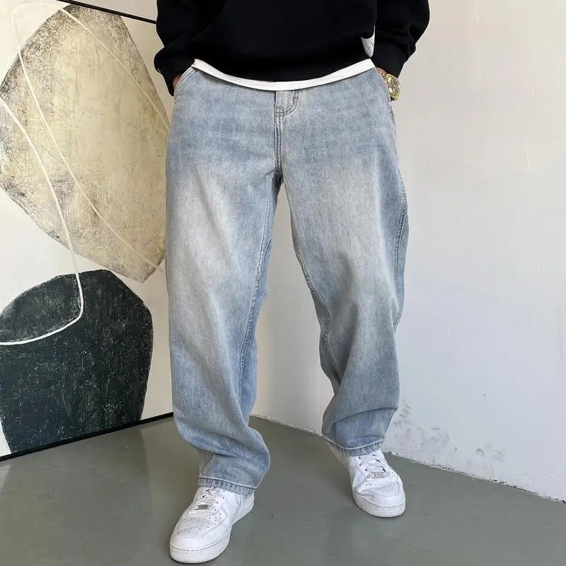 American Casual Cool Retro Retro Retro Light Blue Jeans Men's Straight Leg Loose and Versatile Wide Leg Pants