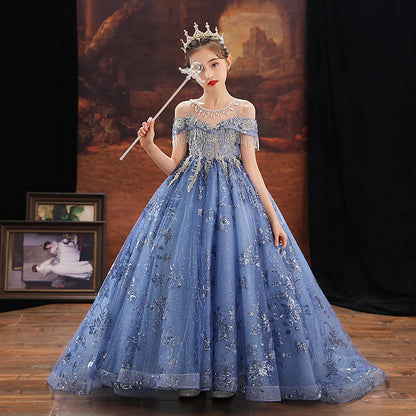 Girl Elegant Off Shoulder Dress Fashion Runway Show Luxurious Princess Dresses for Girls Birthday Party Long Kids Vestidos (Available)