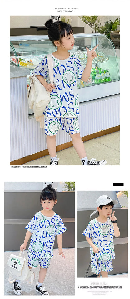 Summer Cartoon T-Shirt+Shorts 2-Piece Clothing Set Cotton Kids Boys Girls Casual Tracksuit Clothes Suits Outdoor Fashion 2-12Y