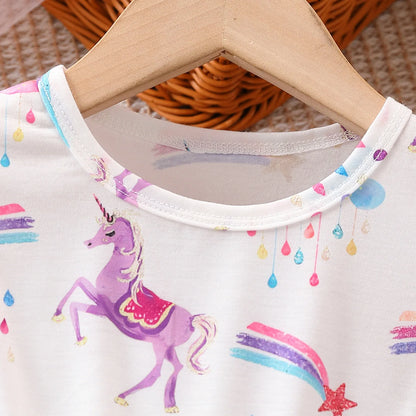 Summer Girls Dress For Kids 1-8 Years old Fashion Cute Cartoon Unicorn Ruffled Tulle Sleeve Princess Dresses For Holiday