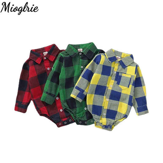 Newborn Baby Boy Bodysuit Plaid Print Long Sleeve Turn Down Collar Gentleman Shirt Jumpsuit Spring&Autumn Romper for 0-18Months
