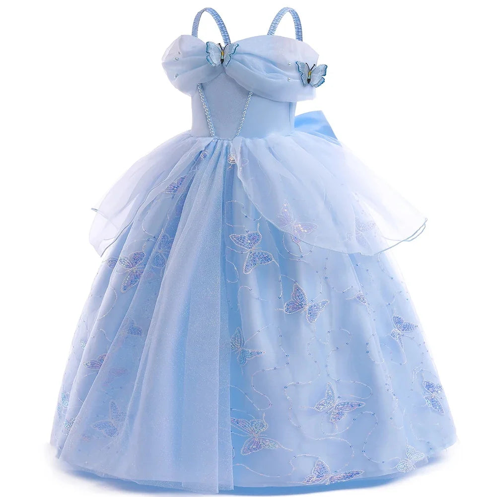Children's Party Dresses For Girls Elegant Cinderella Princess Dress Kids Girl Butterfly Blue Evening Dress Sequin Prom Dress