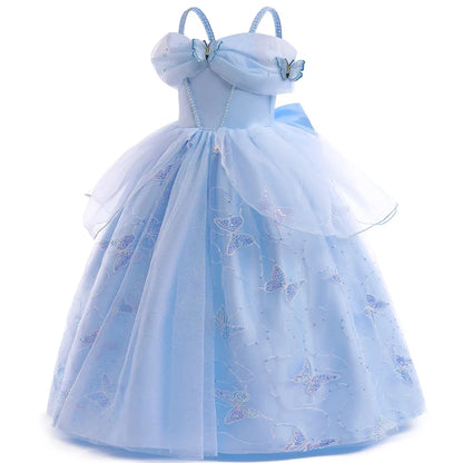 Children's Party Dresses For Girls Elegant Cinderella Princess Dress Kids Girl Butterfly Blue Evening Dress Sequin Prom Dress