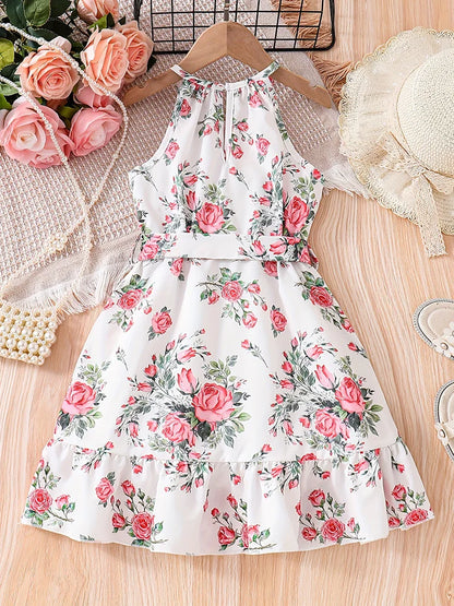 Girls' Summer Romantic Floral Pattern Spliced Dress   Ruffle Hem Belt Casual Vacation Halter Dress