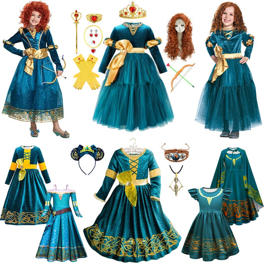 New Cartoon Movie Girls Princess Merida Dress Halloween Brave Princess Costume Children Green Velvet Long Sleeve Vintage Clothes