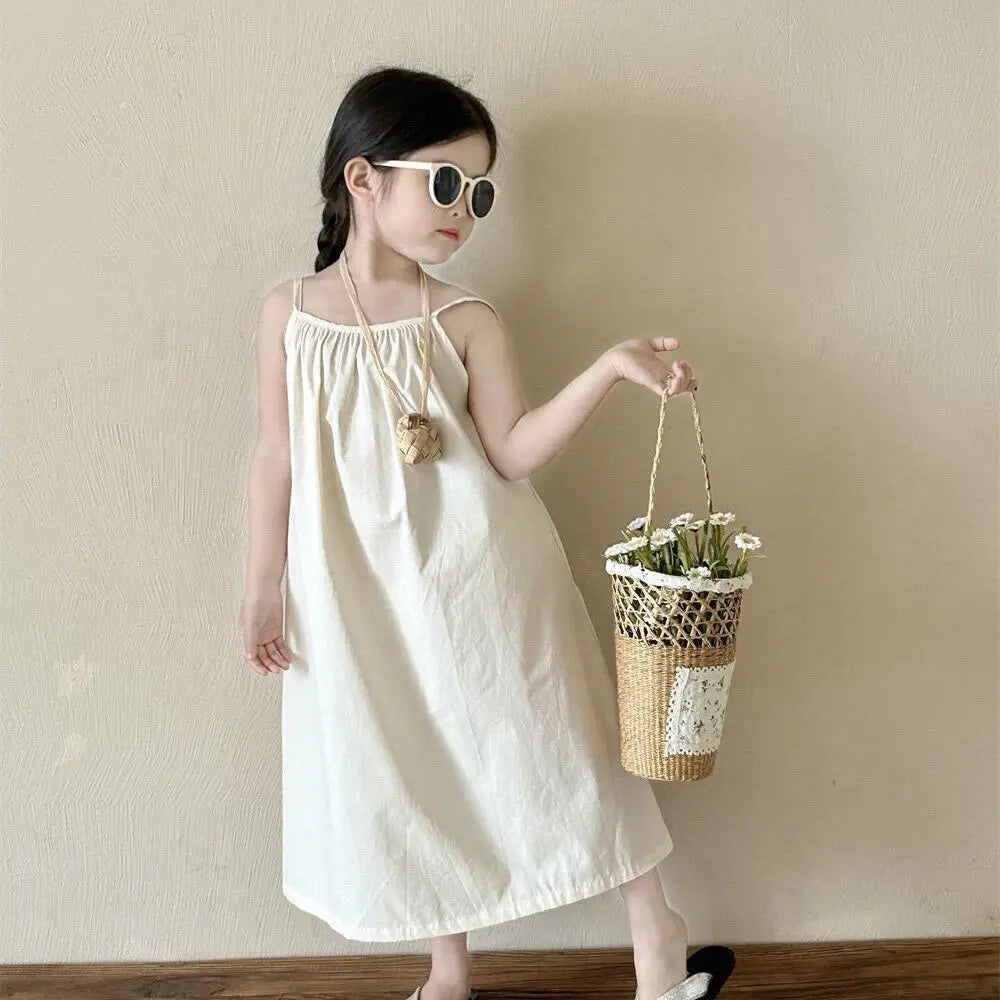 Girls' Summer Clothes Backless Camisole Dress Vacation Style Beach Cool Dress Baby Girl's Suspender Dress with A Large Skirt