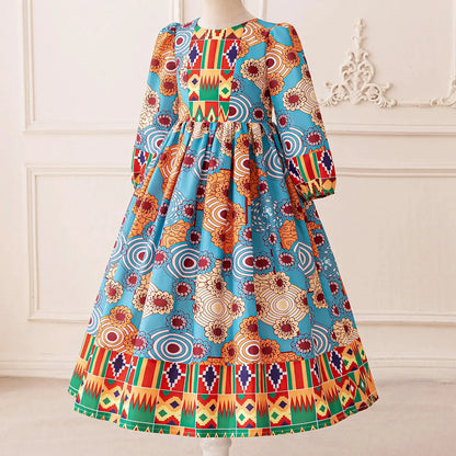 Girl Dress For Eid Arab Muslim Floral Print Long Sleeve Dress For Children Formal Pageant Party Festival Ceremonial Banquet Gown