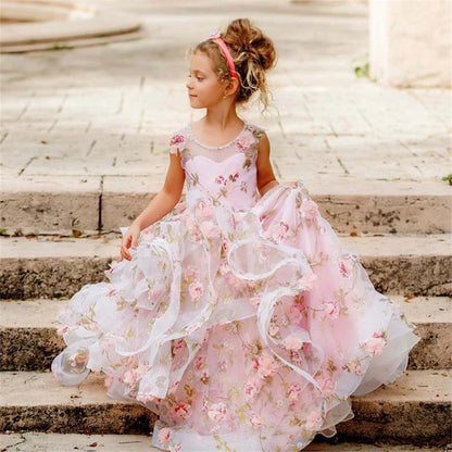 Customized Flower Girl Dresses For Weddings Pink Sleeveless Ruffled Tiered Princess Pageant Gowns Party Tulle Kid Prom Dress