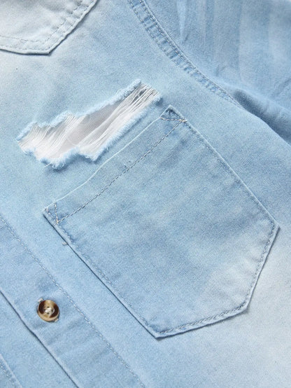 Men's summer blue short-sleeved denim shirt. Regular size. Casual, trendy street style. (Available)