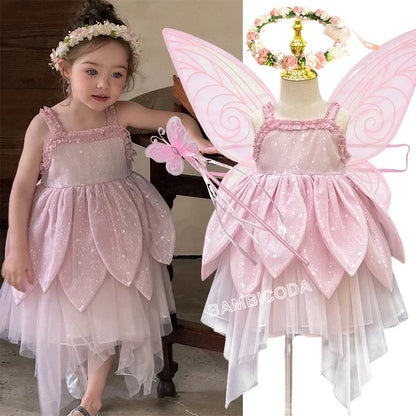 Flower Fairy Girl Dress Vest Sleeveless Shoulder Strap Suspender Princess Petal Skirt Magic Elves Halloween Dress