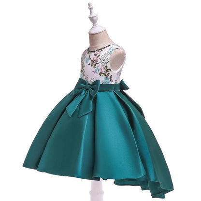 Party Prom Dress For Girls Flower Embroidery Princess Dresses Children Satin Bow Dovetail Dress For Kids Birthday Wedding Gown