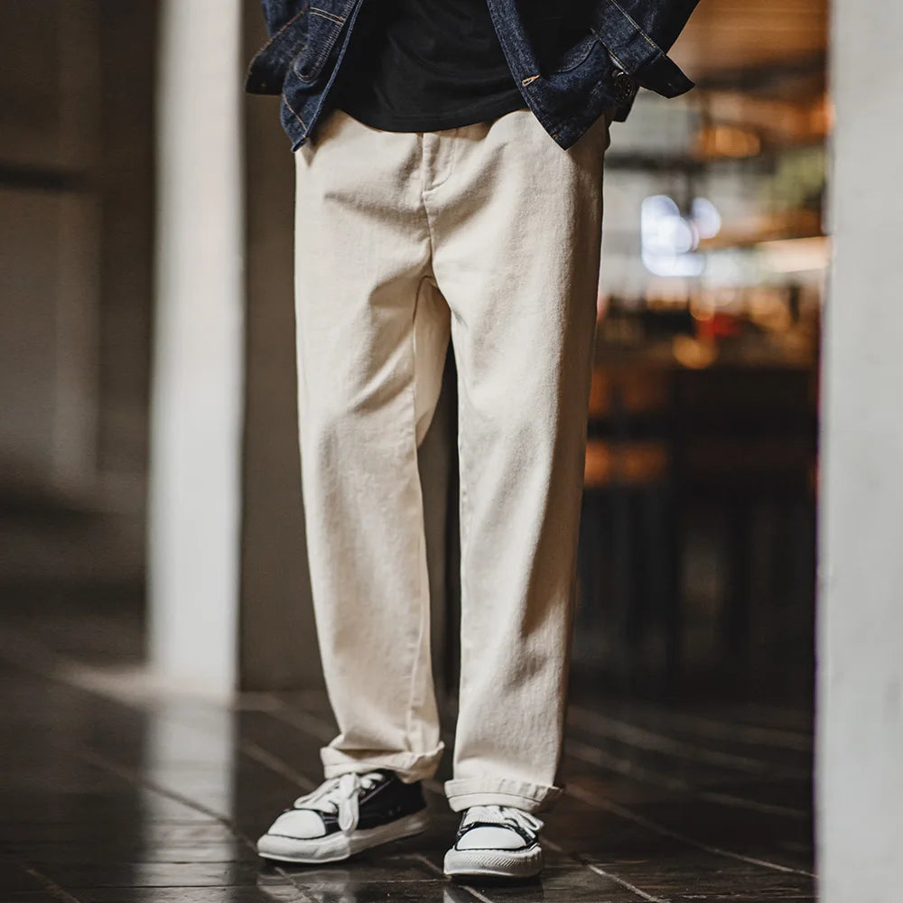 Maden Men's Vintage Beige Cotton Seed Shell Denim Jeans 10.8OZ Loose Straight Mid-rise Zipper Casual Pants Male Autumn Trousers