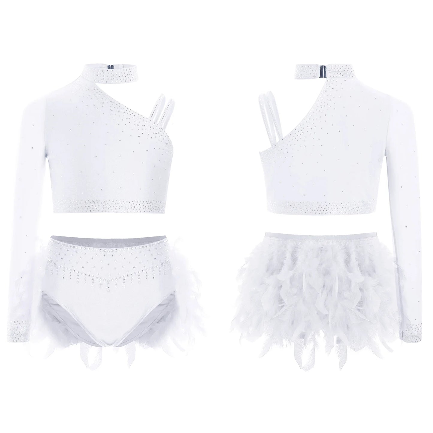 Girls Modern Dance Dress 2 Piece One-shoulder Sleeve Rhinestone Crop Top And Feather Skirts Sets Dance for Stage Performance