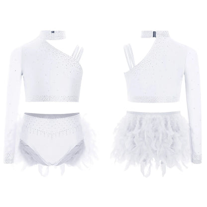 Girls Modern Dance Dress 2 Piece One-shoulder Sleeve Rhinestone Crop Top And Feather Skirts Sets Dance for Stage Performance