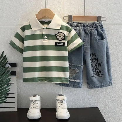 Boys 2025 Summer Outfit T-Shirt and Jeans Korean Polo Fashion 2PCS Casual Clothing Korean Reviews Top Toddler Kids Clothes Sets (Available)