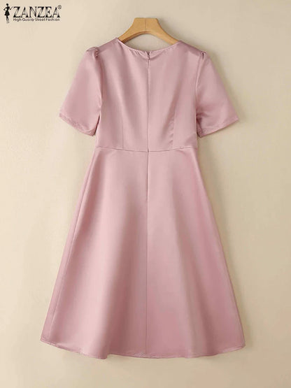 ZANZEA Elegant Woman Party Dresses Shiny Satin Round Neck Short Sleeve Fabric Flower A-line Robes Femme Fashion Midi Vestidos