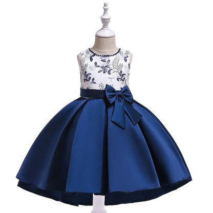 Party Prom Dress For Girls Flower Embroidery Princess Dresses Children Satin Bow Dovetail Dress For Kids Birthday Wedding Gown