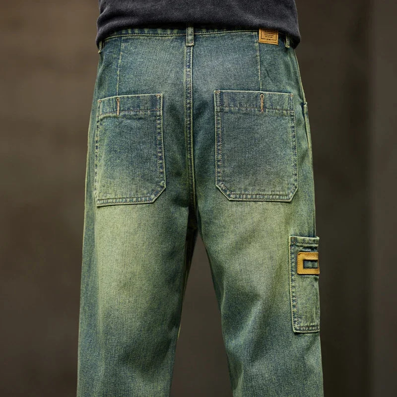 College Boys Loose Casual Pants Retro Blue Street Fashion Splicing Jeans Hiking Wide Leg Baggy Jeans Brand Men's Clothing