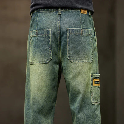 College Boys Loose Casual Pants Retro Blue Street Fashion Splicing Jeans Hiking Wide Leg Baggy Jeans Brand Men's Clothing