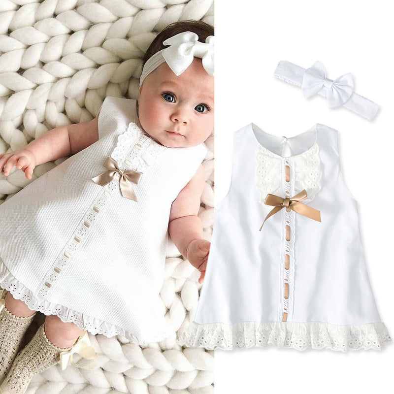 0-24 Months Newborn Infant Baby Girls Dress White Princess Lace Bowknot Sleeveless Dress Headband Clothes Outfit Sets