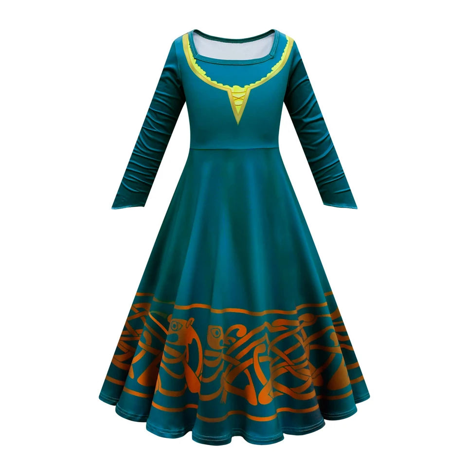 New Cartoon Movie Girls Princess Merida Dress Halloween Brave Princess Costume Children Green Velvet Long Sleeve Vintage Clothes