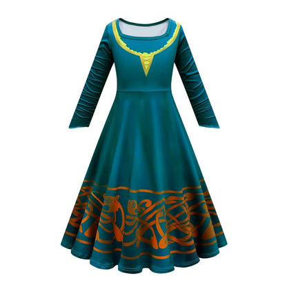 New Cartoon Movie Girls Princess Merida Dress Halloween Brave Princess Costume Children Green Velvet Long Sleeve Vintage Clothes