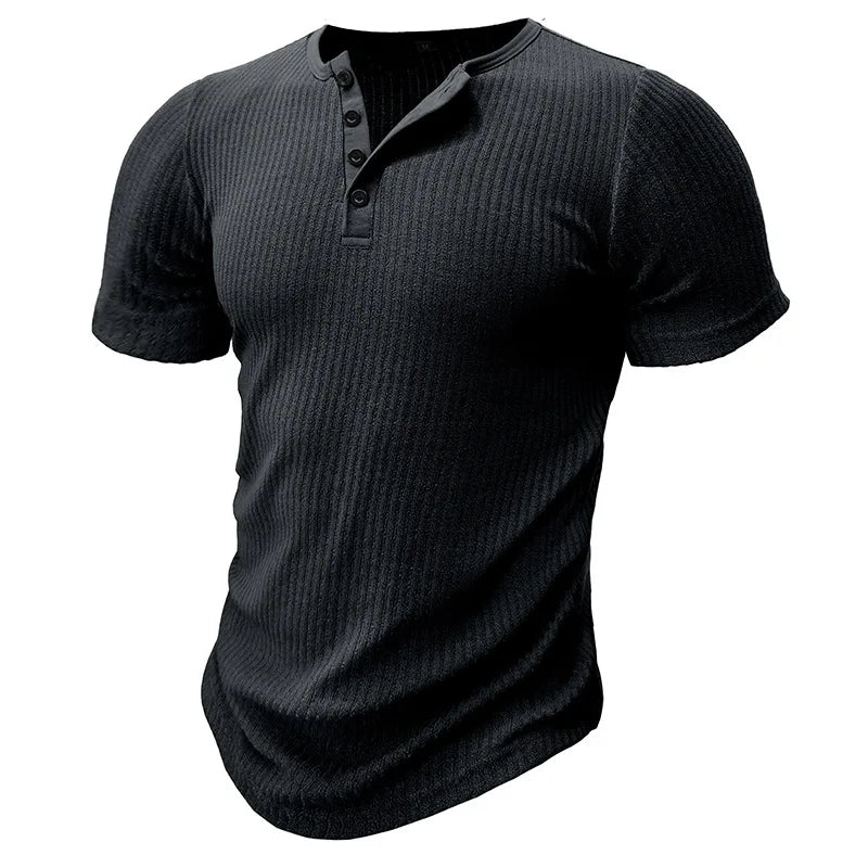 Summer Trend Men's Short Sleeve Casual T-Shirts Solid Henley Neck Button Up Pullover Tops Spring Turn Down Collar Basic Shirt (Available)