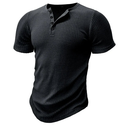 Summer Trend Men's Short Sleeve Casual T-Shirts Solid Henley Neck Button Up Pullover Tops Spring Turn Down Collar Basic Shirt (Available)