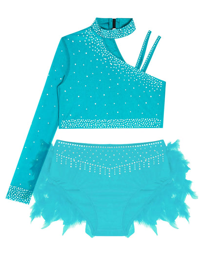 Girls Modern Dance Dress 2 Piece One-shoulder Sleeve Rhinestone Crop Top And Feather Skirts Sets Dance for Stage Performance