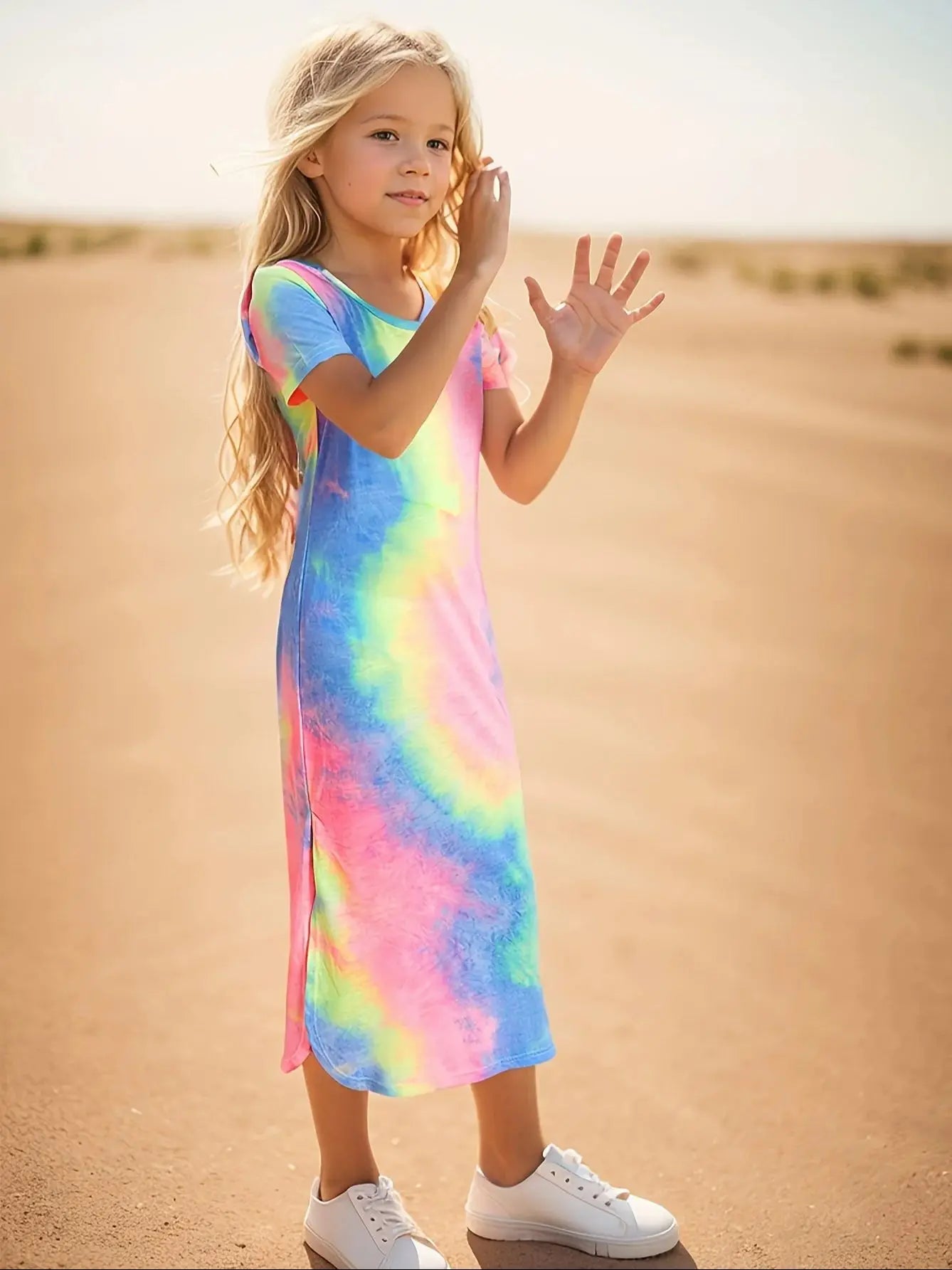Girls' Dress Spring and Summer Thin Short-Sleeved Mid-Length Slim Fit Fashionable Girl's Summer Clothing Printed and Dyed in Random Positions