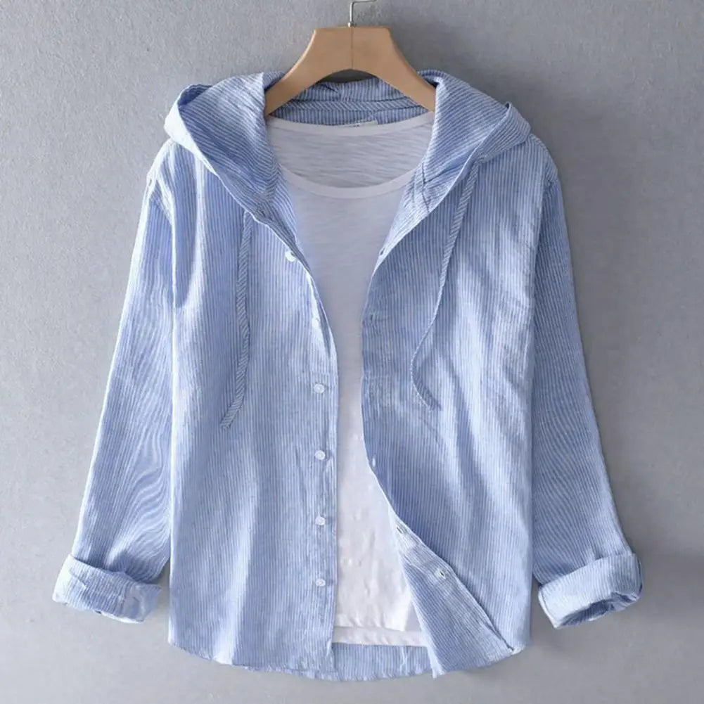 Men Summer Shirt Sun Anti UV Long Sleeve Hooded Drawstring Single breasted Soft Loose Breathable Cardigan Coat Top (Available)