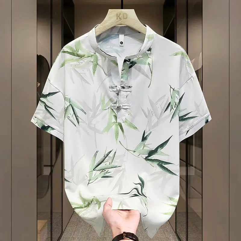 New Chinese Short-sleeved Men Trendy Versatile T-shirt in Summer Retro Stand Collar Thin Fashion Pullover (Available)