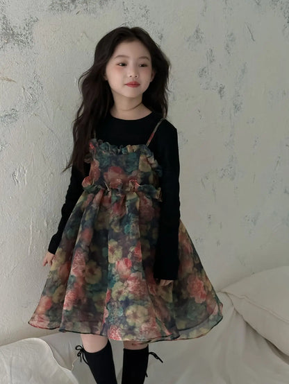 Girls Casual Dresses Autumn Girl Black T-shirt Camisole Flower Mesh Gauze Suit Princess Simple Printing Loose Beautiful 2024