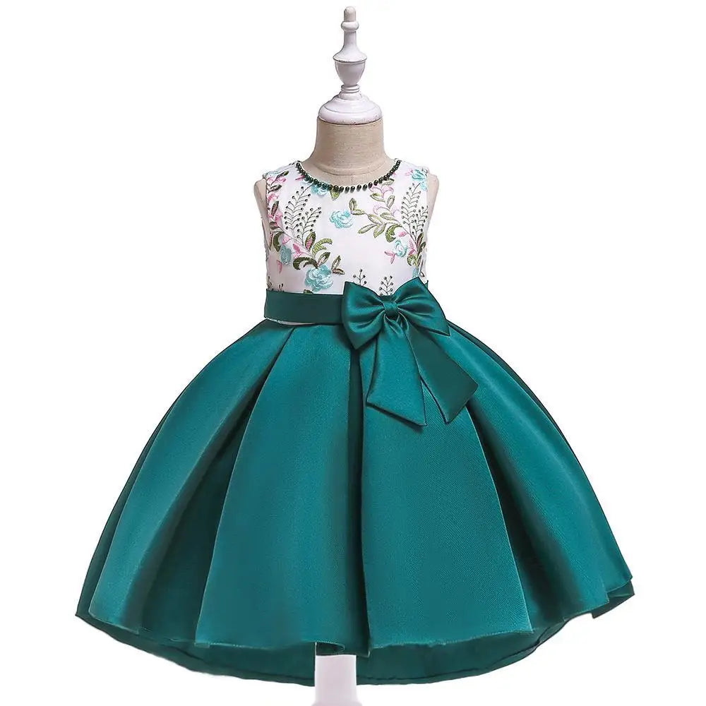 Party Prom Dress For Girls Flower Embroidery Princess Dresses Children Satin Bow Dovetail Dress For Kids Birthday Wedding Gown