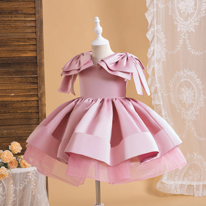 Fashion Big Bow Girls Party Dress Formal Pink Wedding Bridesmaid Birthday Princess Dresess for Girl Gala Christmas Kids Clothes