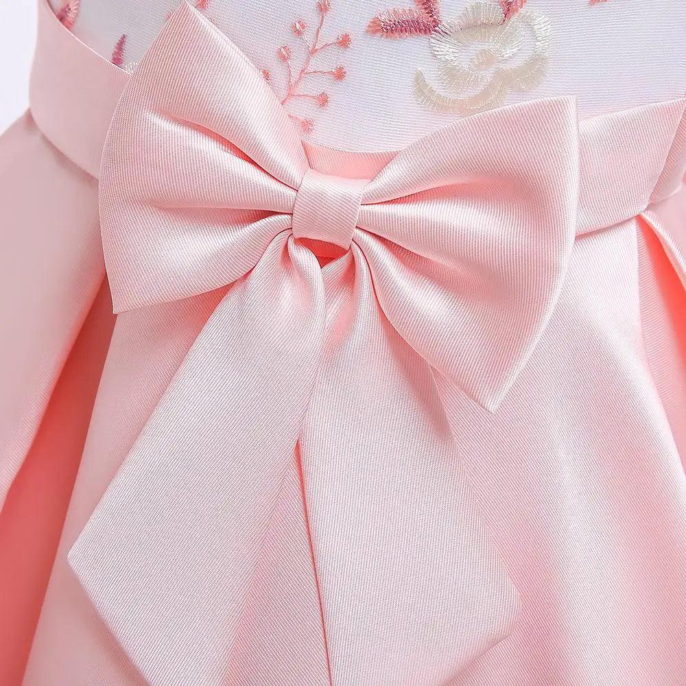 Party Prom Dress For Girls Flower Embroidery Princess Dresses Children Satin Bow Dovetail Dress For Kids Birthday Wedding Gown