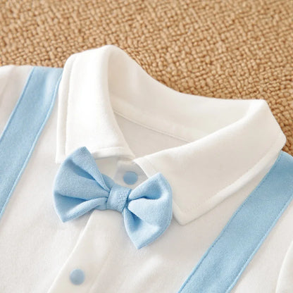 Newborn Boys Gentleman Bow Spliced Contrast False Backband Light Blue Comfortable Spring And Autumn Long Sleeved Jumpsuit