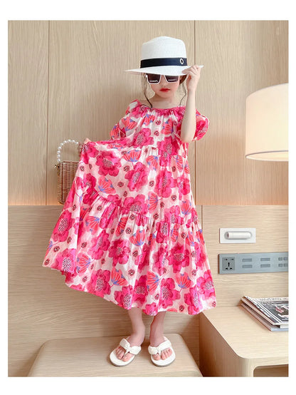Girl's Large Flower Dress 2025 New Summer Children's Foreign-Style Loose Korean Version of the Older Girls Floral Lazy Skirt