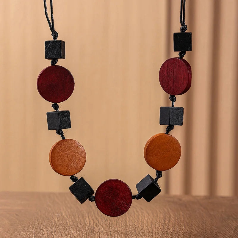 Vintage Ethnic Geometrice Wood Accessories Pendants Necklaces Handmade Rope Chain Necklace for Women Daily Wear Fashion Jewelry