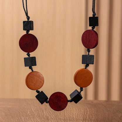 Vintage Ethnic Geometrice Wood Accessories Pendants Necklaces Handmade Rope Chain Necklace for Women Daily Wear Fashion Jewelry