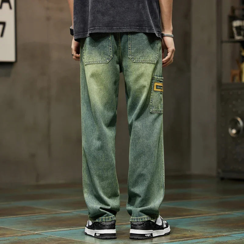 College Boys Loose Casual Pants Retro Blue Street Fashion Splicing Jeans Hiking Wide Leg Baggy Jeans Brand Men's Clothing