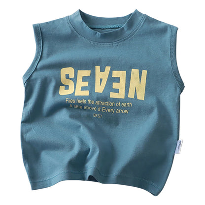 Summer Boys Letter Print Tops Girls Wide Shoulder Vest Children's O-neck T-shirt 2025 Baby Kids Korean Solid Sleeveless Tank Top