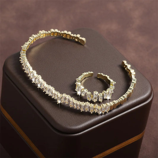 Fashion Adjustable Open Bangle Ring Wedding Jewelry Sets For Women Elegant Shiny AAA Cubic Zirconia Accessories Gift