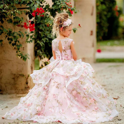 Customized Flower Girl Dresses For Weddings Pink Sleeveless Ruffled Tiered Princess Pageant Gowns Party Tulle Kid Prom Dress