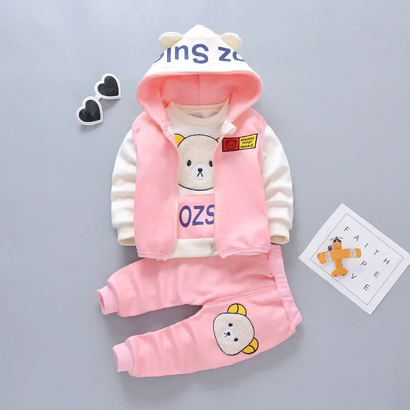 New Autumn Winter  Baby Girl Clothes Children Boys Thickened Hooded Vest T-Shirt Pants 3Pcs/Sets Toddler Costume Kids Tracksuits (Available)
